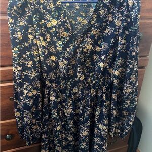 Cupshe Navy Floral Long Sleeve Dress with Yellow & Cream Flowers